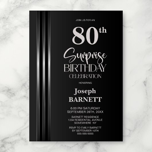 Invitation Silver Striped Black Grey 80th Surprise Birthday