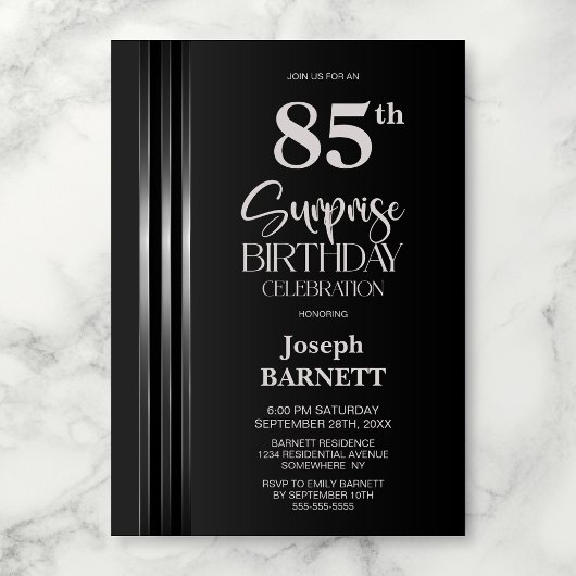 Invitation Silver Striped Black Grey 85th Surprise Birthday