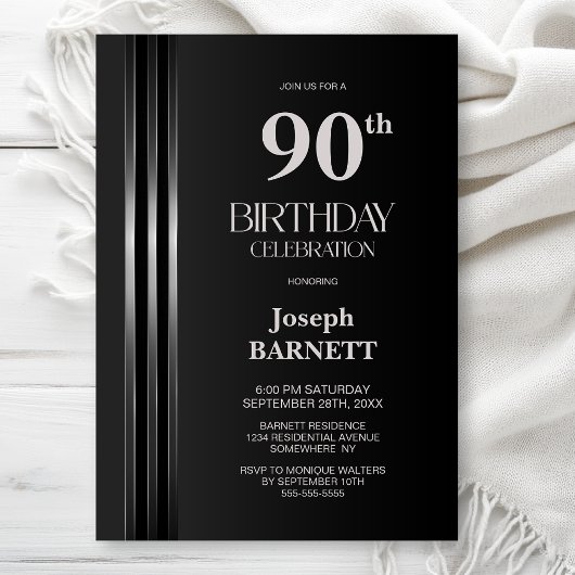 Invitation Silver Striped Black Grey 90th Birthday Party
