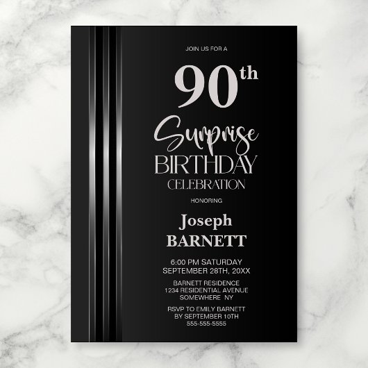 Invitation Silver Striped Black Grey 90th Surprise Birthday