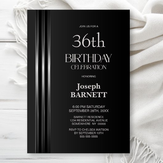 Invitation Silver Striped Black Grey Any Age Birthday Party