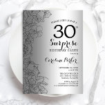 Invitation Silver Surprise 30e anniversaire<br><div class="desc">Invitation à la fête du 30e anniversaire de Silver Surprise. Design féminin de glam avec fausse feuille d'argent, accents botaniques et police de script de typographie. Carte invitation florale simple parfaite pour une célébration anniversaire surprise femme élégante. Peut être customisé à n'importe quel âge. Invitations Zazzle imprimées ou téléchargement instantané...</div>