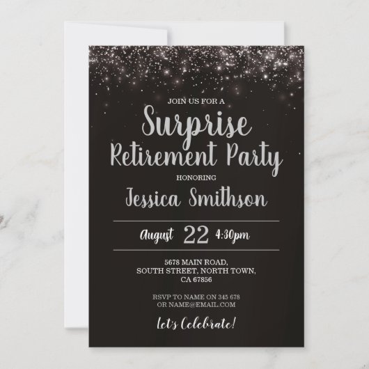 Invitation Silver Surprise Retirement Glitter Party Black  (Devant)