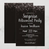 Invitation Silver Surprise Retirement Glitter Party Black  (Devant / Derrière)