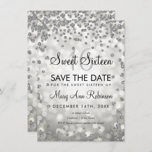 Invitation Silver Sweet 16 Enregistrer La Date Parties scinti (Devant / Derrière)
