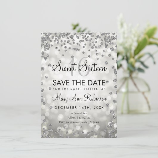 Invitation Silver Sweet 16 Enregistrer La Date Parties scinti (Debout devant)