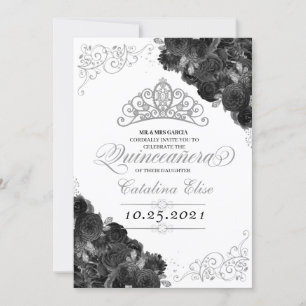 Invitation Silver Tiara Black Rose Parties scintillant Quince