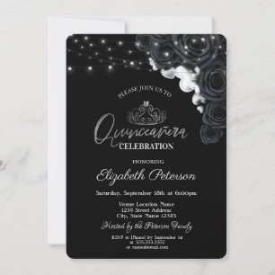 Invitation Silver Tiara, Lumières Black Roses Quinceañera
