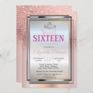 Invitation Silver Tiara, Rose Gold Parties scintillant Sweet 