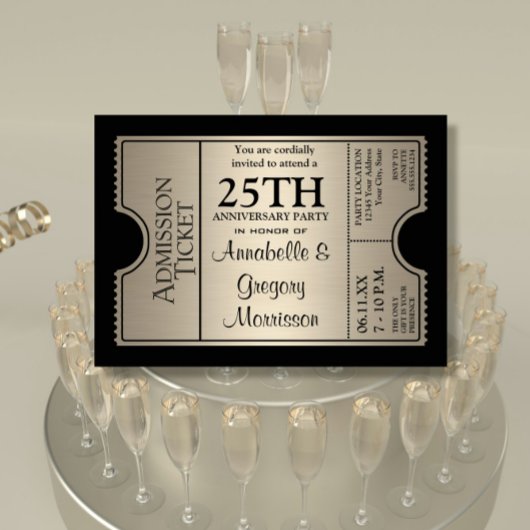 Invitation Silver Ticket Style 25ème Mariage Anniversaire Par
