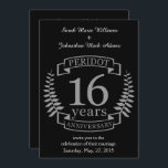 Invitation Silver Traditional wedding anniversary 16 ans<br><div class="desc">Un design pour célébrer 16 ans de mariage. Ce design a une couleur gris / argent (la couleur traditionnelle) couleur couleur laurier sur un arrière - plan noir. L'argent est le cadeau traditionnel pour cette occasion. Le texte dit "16 ans d'argent". Un design romantique pour célébrer votre 16e année de...</div>