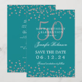 Invitation Silver Turquoise 50th Birthday Save Date & Détails (Devant / Derrière)