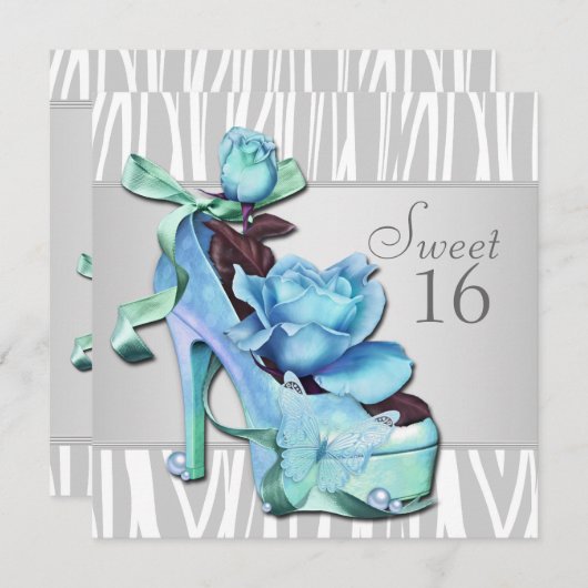 Invitation Silver Turquoise Bleu Zèbre Doux 16 fête d'anniver (Devant / Derrière)