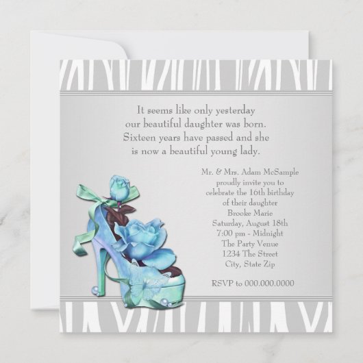 Invitation Silver Turquoise Bleu Zèbre Doux 16 fête d'anniver (Dos)