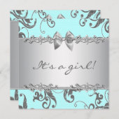 Invitation Silver Turquoise Blue Baby Girl Douche (Devant / Derrière)