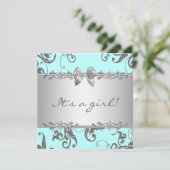 Invitation Silver Turquoise Blue Baby Girl Douche (Debout devant)