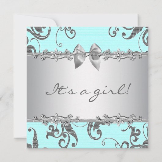 Invitation Silver Turquoise Blue Baby Girl Douche (Devant)