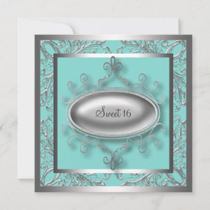 Invitation Silver Turquoise Blue Sweet 16 Anniversaire