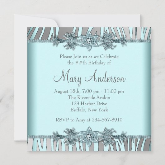 Invitation Silver Turquoise Blue Zebra Fête d'anniversaire (Dos)