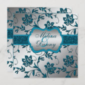 Invitation Silver Turquoise FAUX Parties scintillant Floral E (Devant / Derrière)