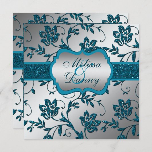 Invitation Silver Turquoise FAUX Parties scintillant Floral E (Devant / Derrière)