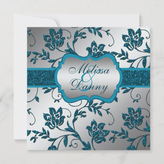 Invitation Silver Turquoise FAUX Parties scintillant Floral E (Devant)