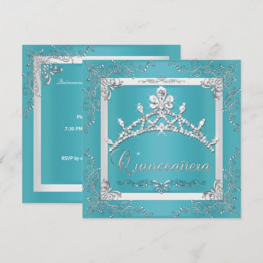 Invitation Silver Turquoise Tiara Quinceanera 15e anniversair (Devant / Derrière)