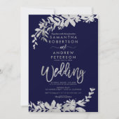 Invitation SIlver typographie floral marine bleu chic mariage (Devant)