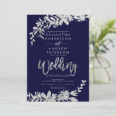 Invitation SIlver typographie floral marine bleu chic mariage (Debout devant)