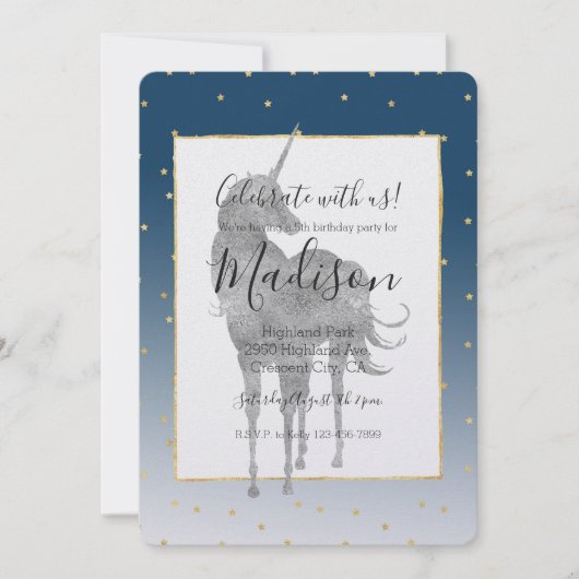 Invitation Silver Unicorn Shine Bright Gold Stars Anniversair (Devant)