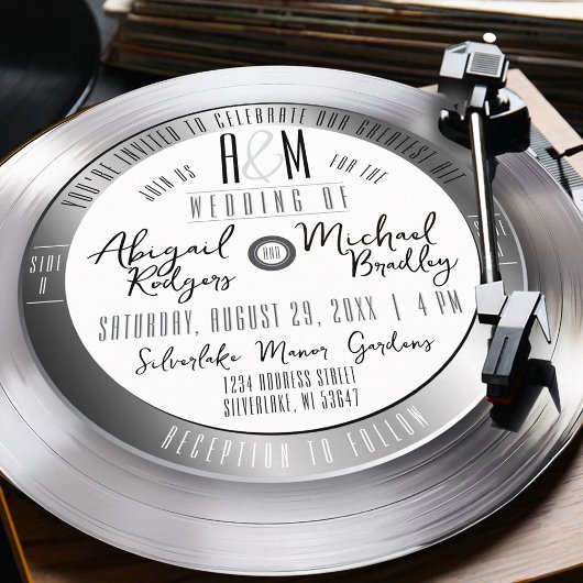 Invitation Silver Vinyl Record Monogramme Mariage de musique 