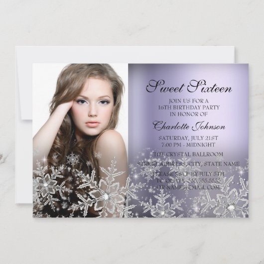 Invitation Silver Violet Étincelle Flocon de neige Sweet Phot (Devant)