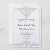 Invitation Silver White et Navy Mariage damassé (Devant)