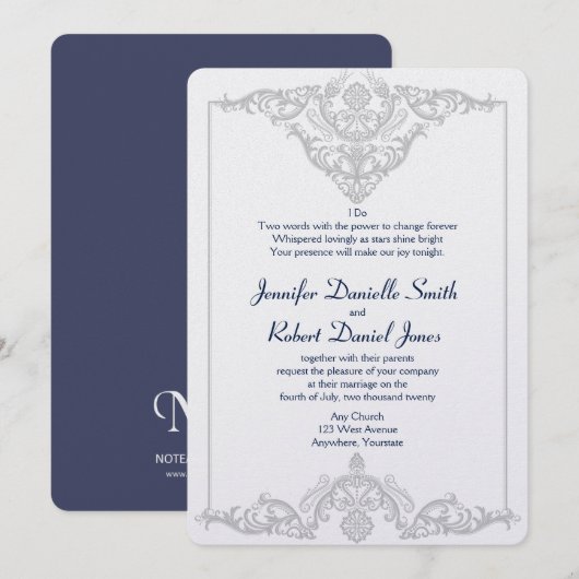 Invitation Silver White et Navy Mariage damassé (Devant / Derrière)
