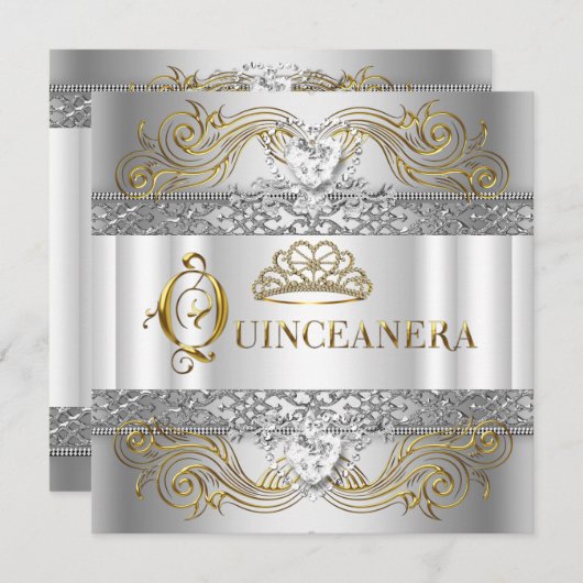 Invitation Silver White Gold Quinceanera fête d'anniversaire (Devant / Derrière)