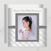 Invitation Silver White Photo Girls 1st Communion (Devant / Derrière)