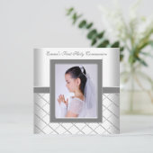Invitation Silver White Photo Girls 1st Communion (Debout devant)