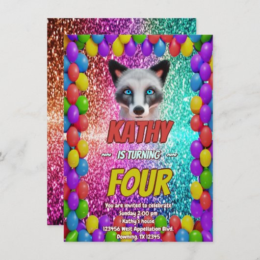 Invitation Silver Wild Fox Fun Festive Anniversaire invitatio (Devant / Derrière)