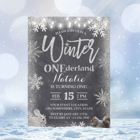 Invitation Silver Winter ONE derland 1er Birthday Chalkboard