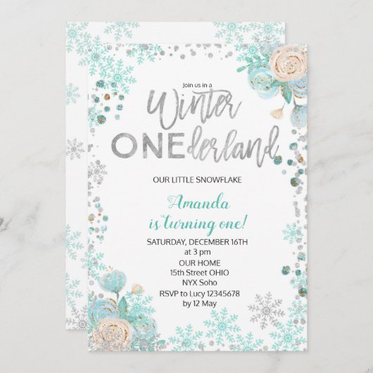 Invitation Silver Winter ONE derland Neige Birthday Invitatio (Devant / Derrière)