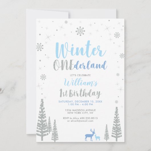 Invitation Silver Winter onederland 1er anniversaire garçon (Devant)