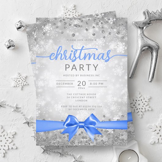 Invitation Silver Winter Snowflakes Company Blue Ribbon