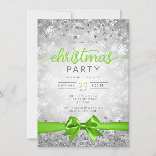 Invitation Silver Winter Snowflakes Company Green Ribbon (Devant)