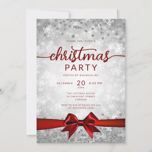 Invitation Silver Winter Snowflakes Company Red Ribbon (Devant)