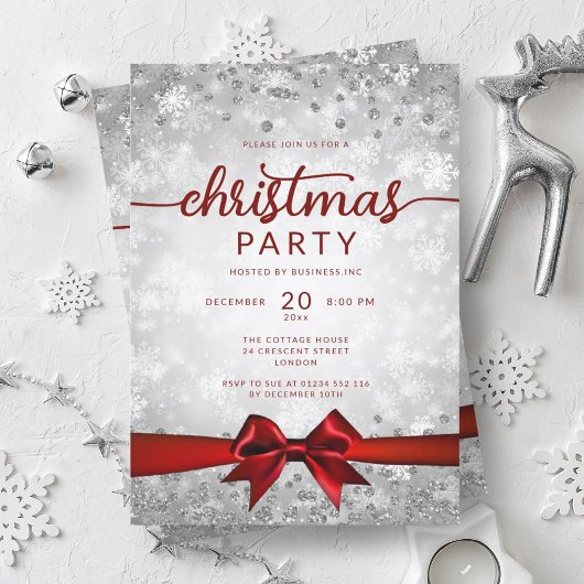 Invitation Silver Winter Snowflakes Company Red Ribbon