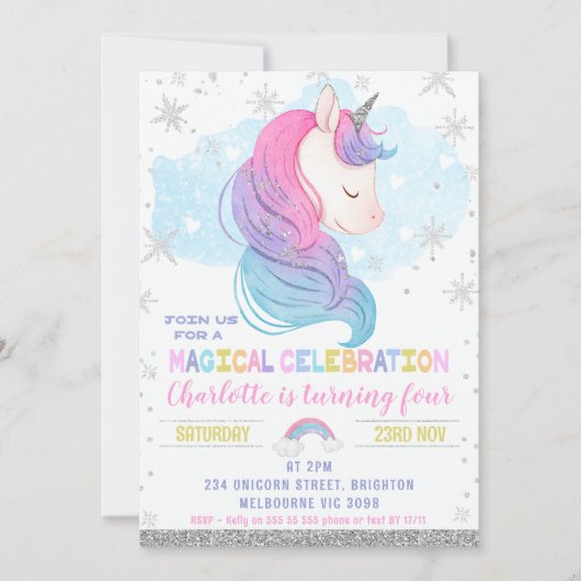 Invitation Silver Winter Unicorn Rainbow Anniversaire (Devant)