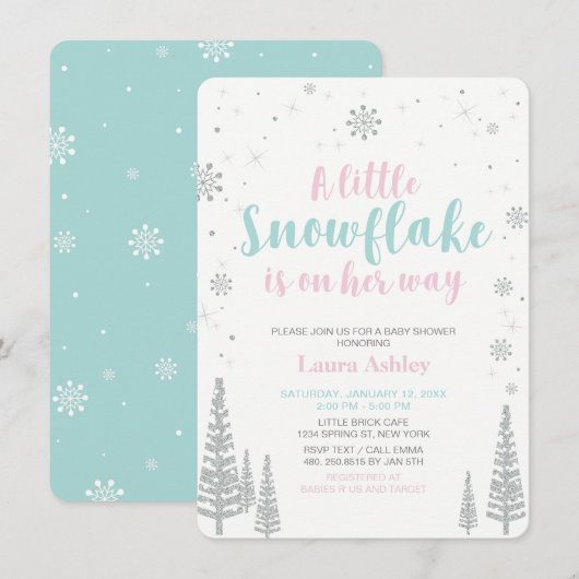 Invitation Silver Winter Wonderland, Baby shower fille (Devant / Derrière)