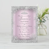 Invitation Silver Winter Wonderland Pink Baptism Christening (Debout devant)