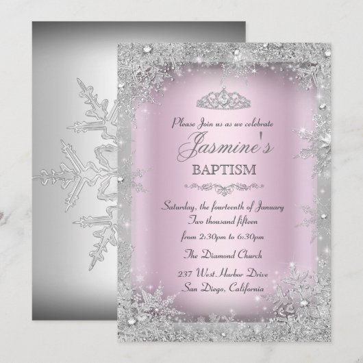 Invitation Silver Winter Wonderland Pink Baptism Christening (Devant / Derrière)
