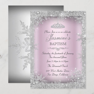 Invitation Silver Winter Wonderland Pink Baptism Christening